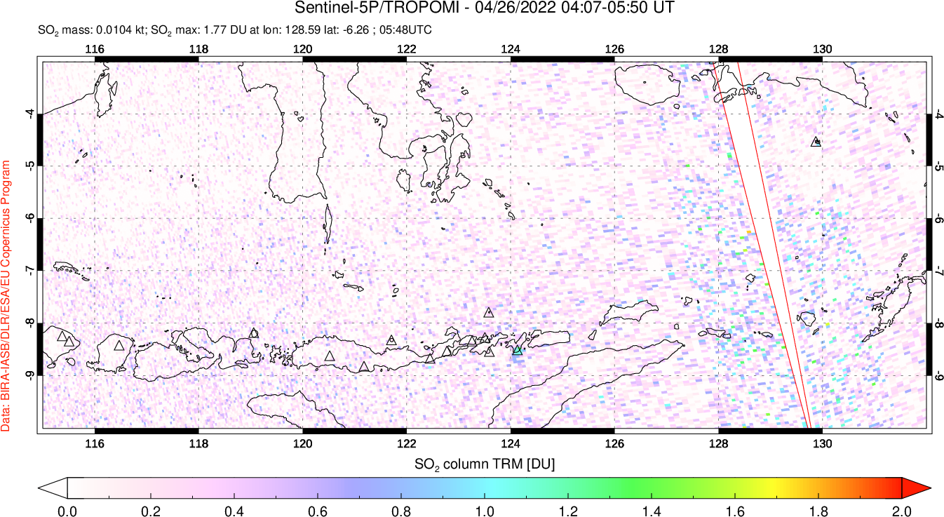 A sulfur dioxide image over Lesser Sunda Islands, Indonesia on Apr 26, 2022.