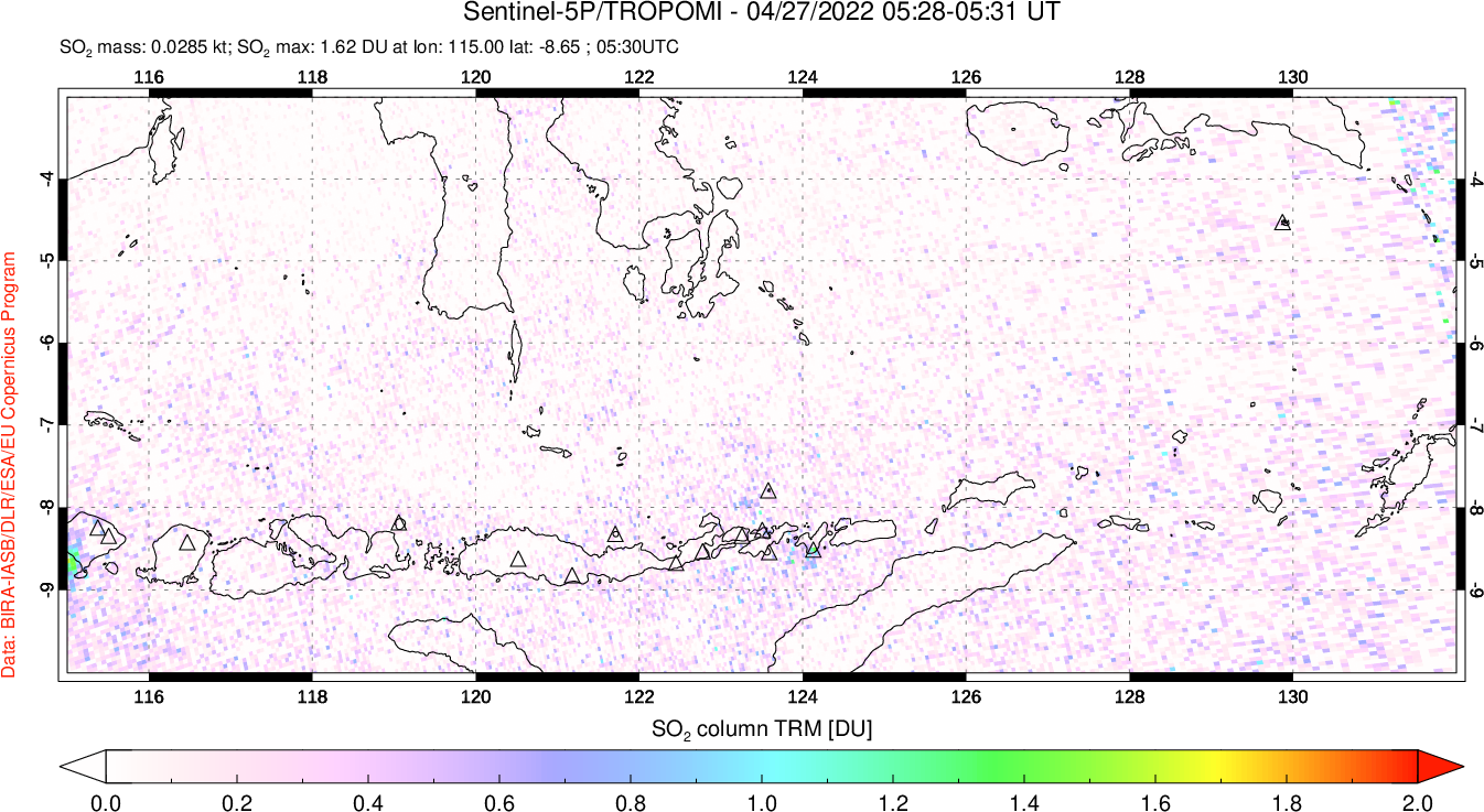 A sulfur dioxide image over Lesser Sunda Islands, Indonesia on Apr 27, 2022.