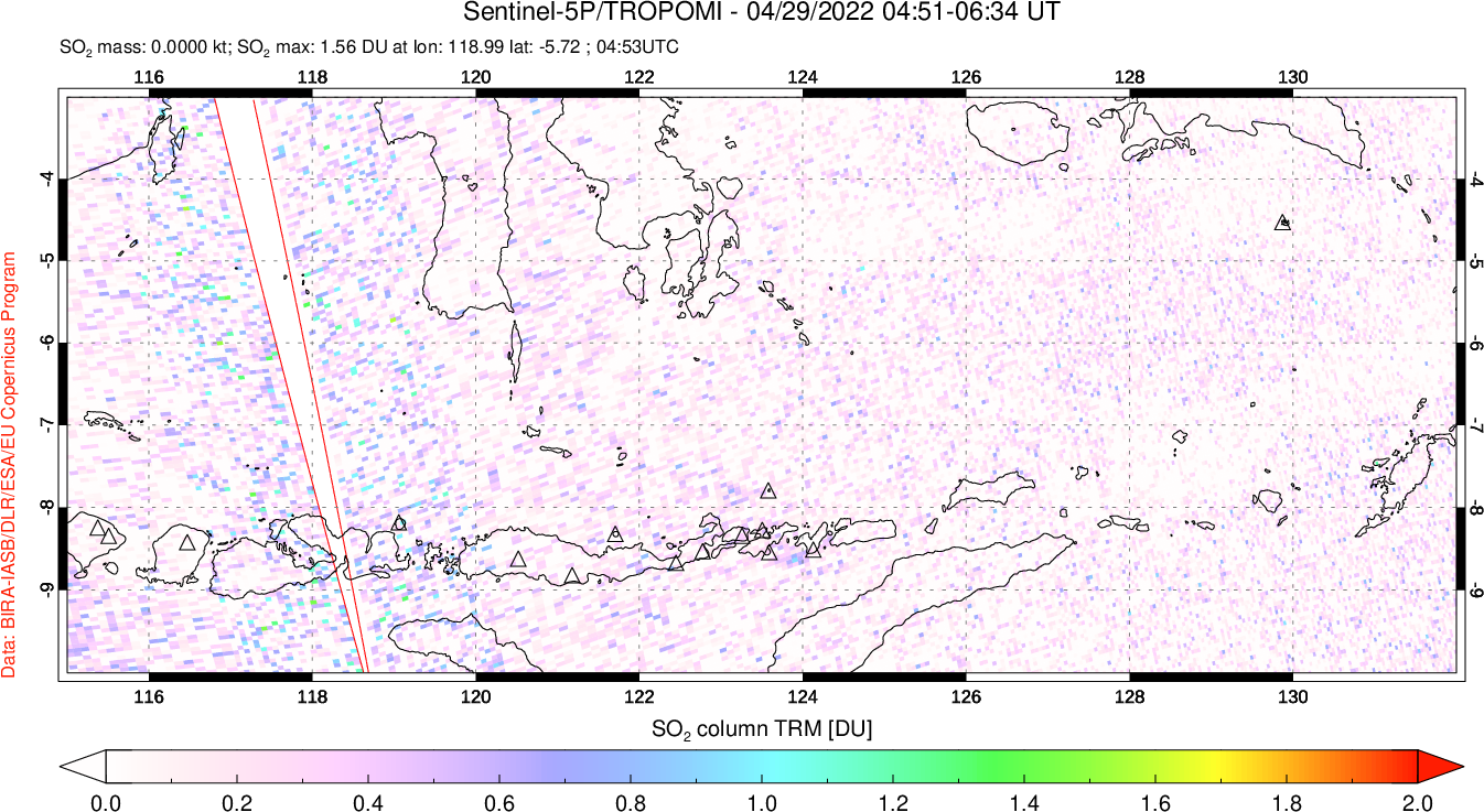 A sulfur dioxide image over Lesser Sunda Islands, Indonesia on Apr 29, 2022.