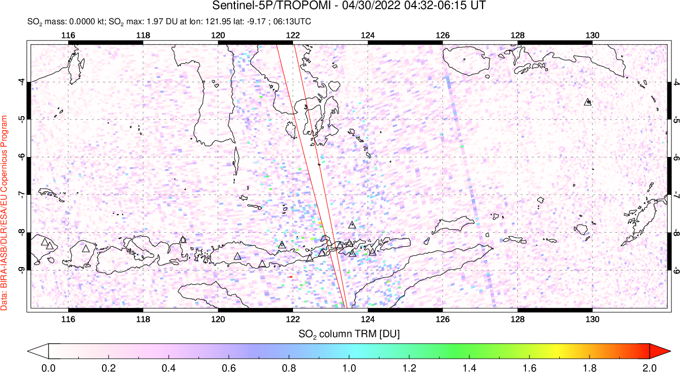 A sulfur dioxide image over Lesser Sunda Islands, Indonesia on Apr 30, 2022.