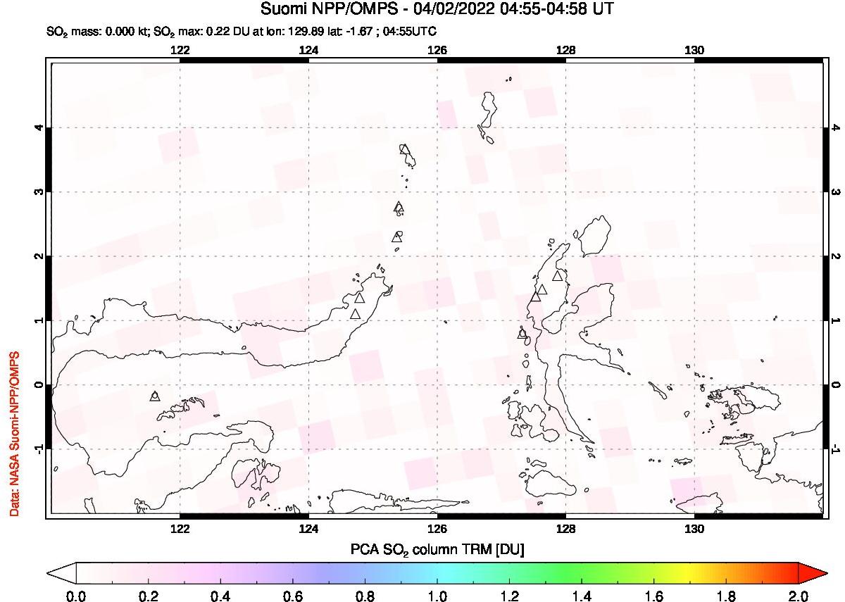 A sulfur dioxide image over Northern Sulawesi & Halmahera, Indonesia on Apr 02, 2022.