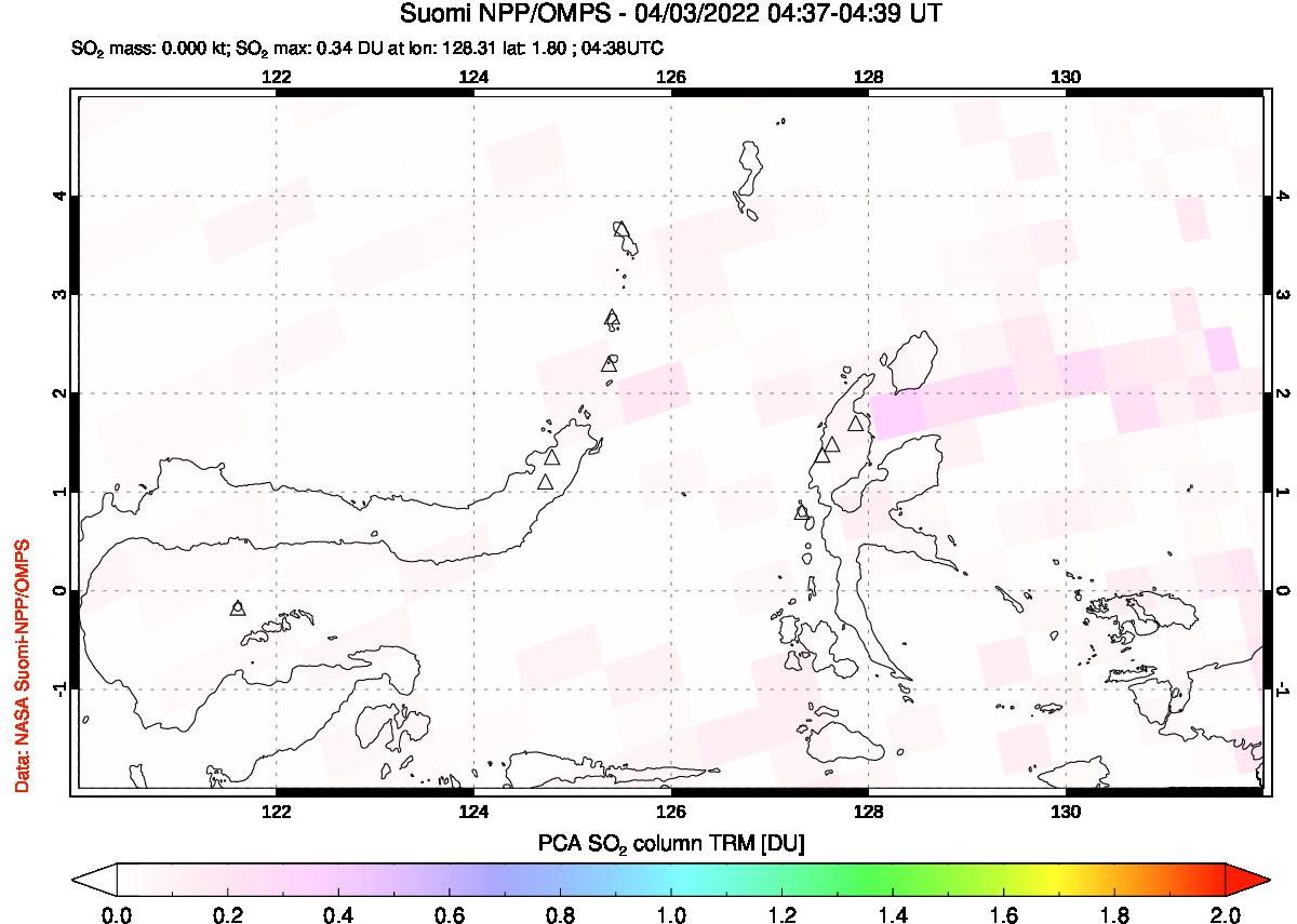 A sulfur dioxide image over Northern Sulawesi & Halmahera, Indonesia on Apr 03, 2022.
