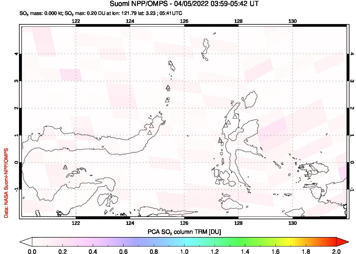 A sulfur dioxide image over Northern Sulawesi & Halmahera, Indonesia on Apr 05, 2022.