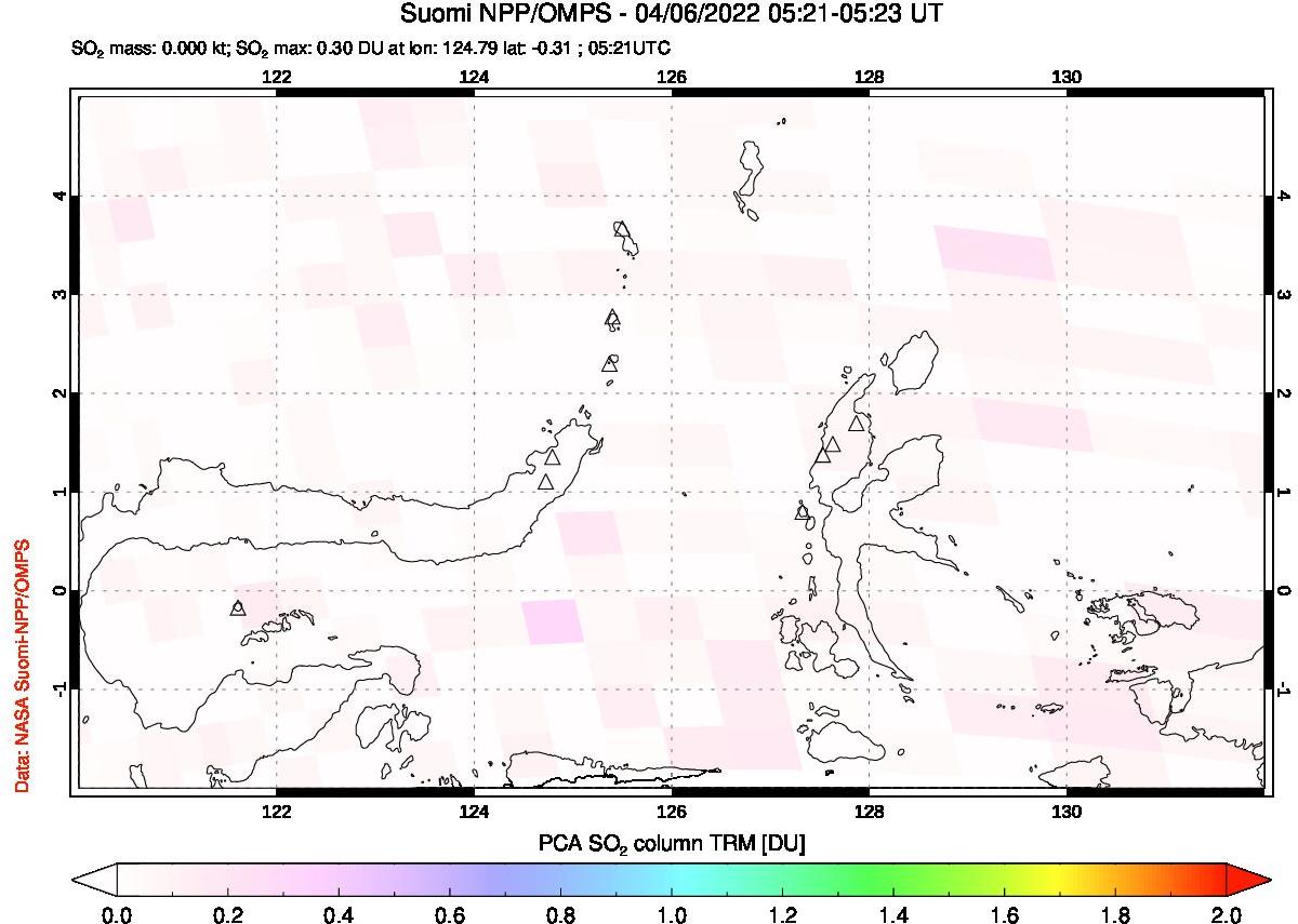 A sulfur dioxide image over Northern Sulawesi & Halmahera, Indonesia on Apr 06, 2022.