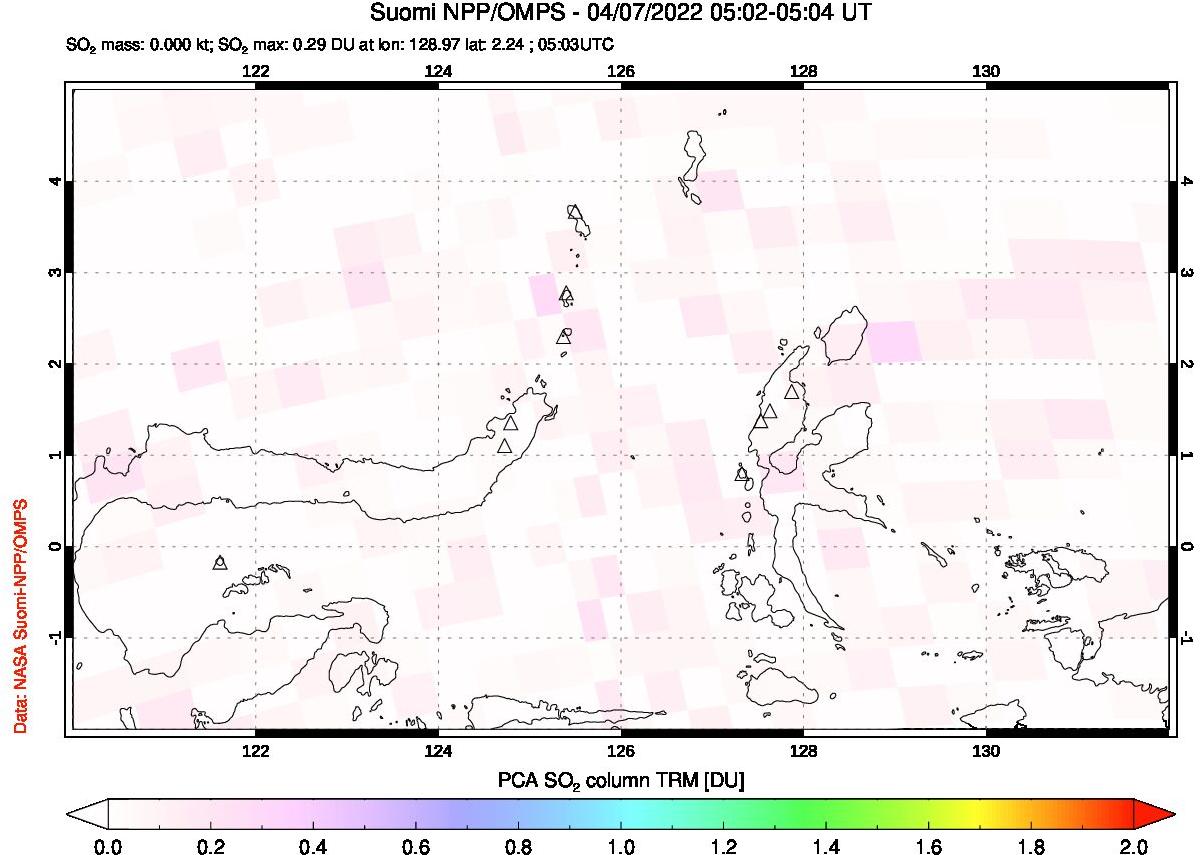 A sulfur dioxide image over Northern Sulawesi & Halmahera, Indonesia on Apr 07, 2022.