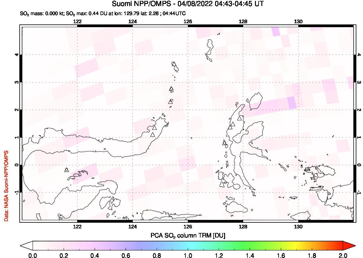 A sulfur dioxide image over Northern Sulawesi & Halmahera, Indonesia on Apr 08, 2022.