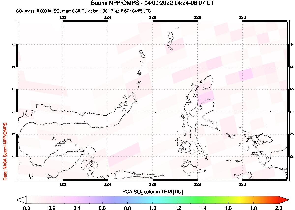 A sulfur dioxide image over Northern Sulawesi & Halmahera, Indonesia on Apr 09, 2022.