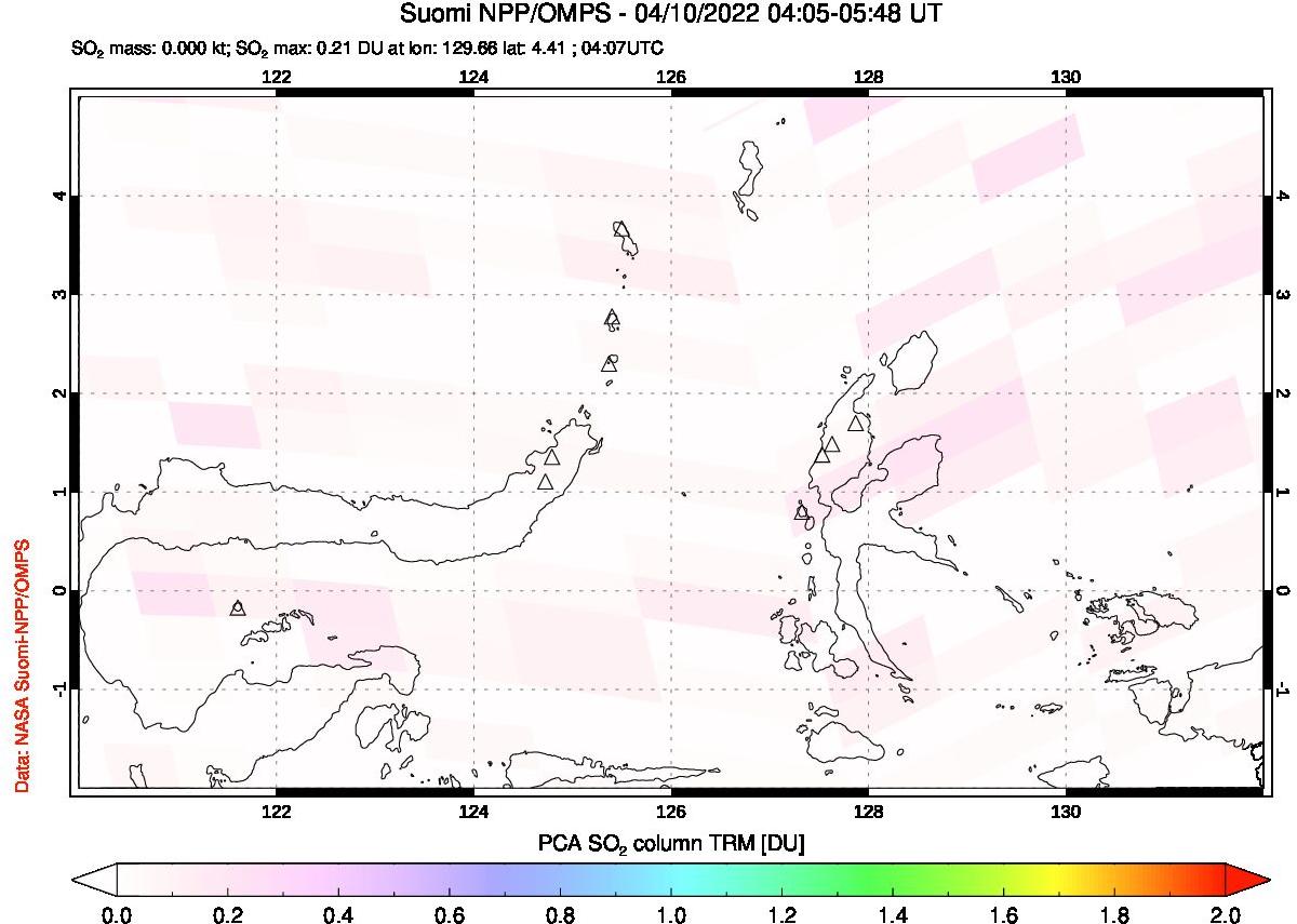 A sulfur dioxide image over Northern Sulawesi & Halmahera, Indonesia on Apr 10, 2022.