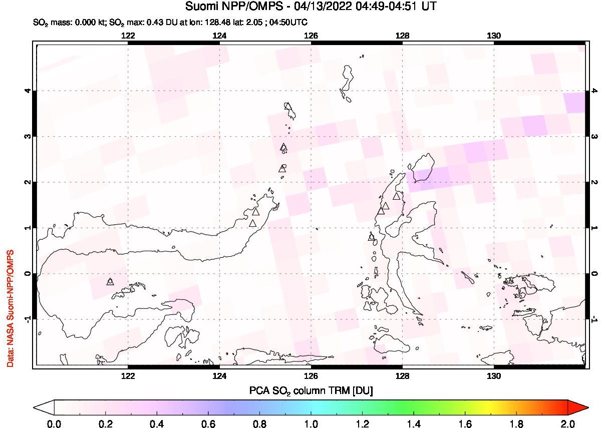 A sulfur dioxide image over Northern Sulawesi & Halmahera, Indonesia on Apr 13, 2022.
