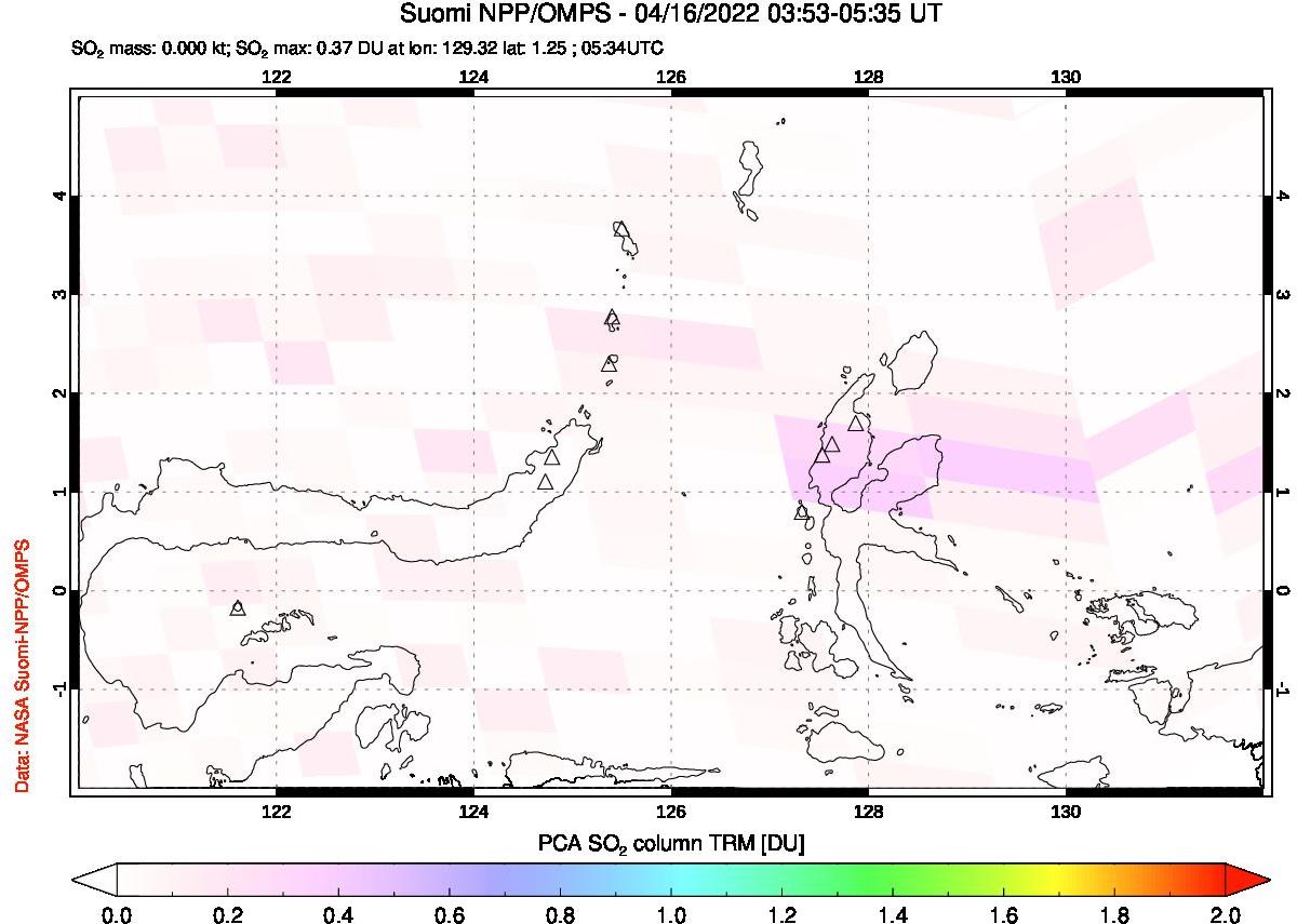 A sulfur dioxide image over Northern Sulawesi & Halmahera, Indonesia on Apr 16, 2022.