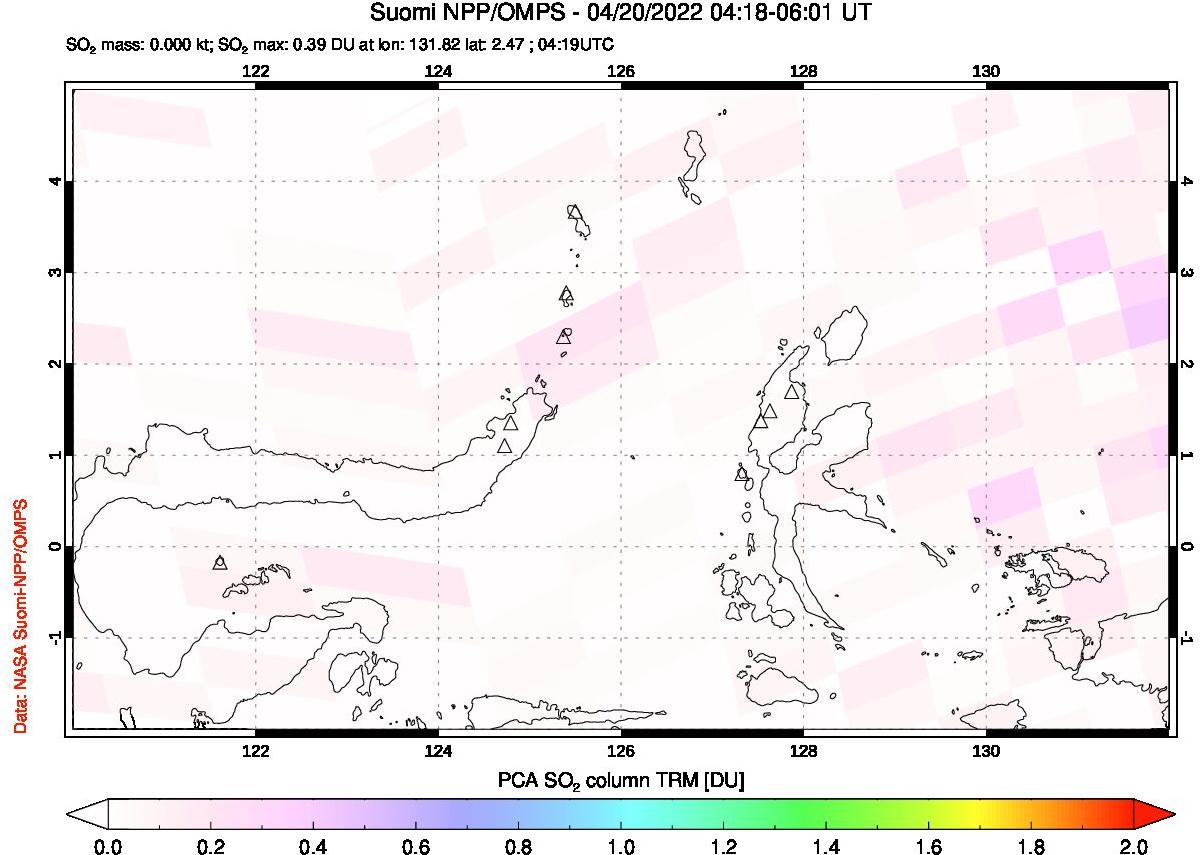 A sulfur dioxide image over Northern Sulawesi & Halmahera, Indonesia on Apr 20, 2022.