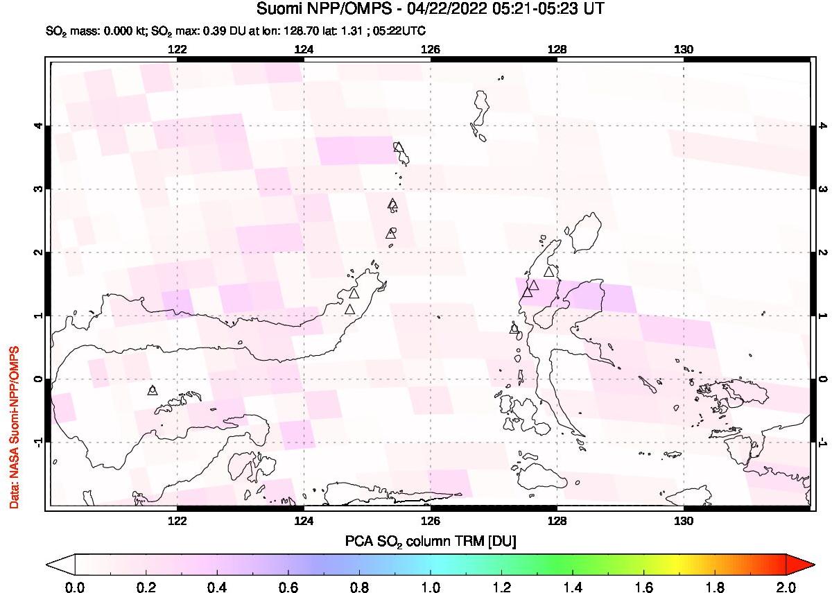 A sulfur dioxide image over Northern Sulawesi & Halmahera, Indonesia on Apr 22, 2022.