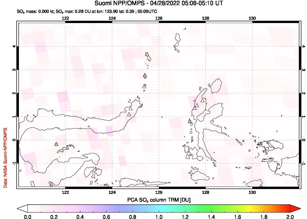 A sulfur dioxide image over Northern Sulawesi & Halmahera, Indonesia on Apr 28, 2022.