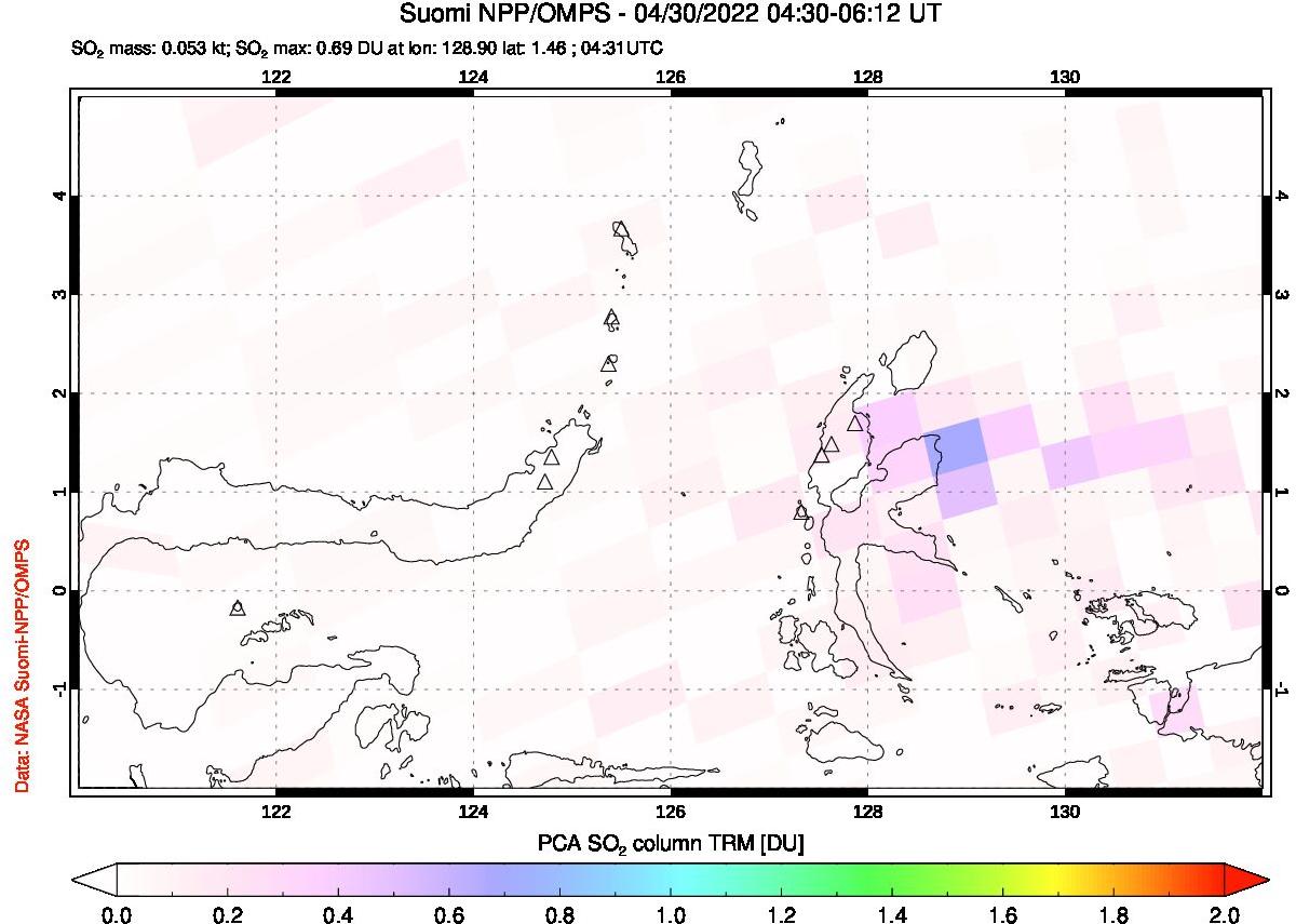 A sulfur dioxide image over Northern Sulawesi & Halmahera, Indonesia on Apr 30, 2022.