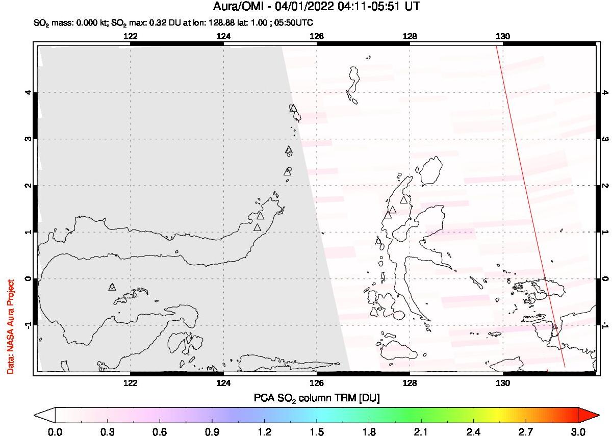 A sulfur dioxide image over Northern Sulawesi & Halmahera, Indonesia on Apr 01, 2022.
