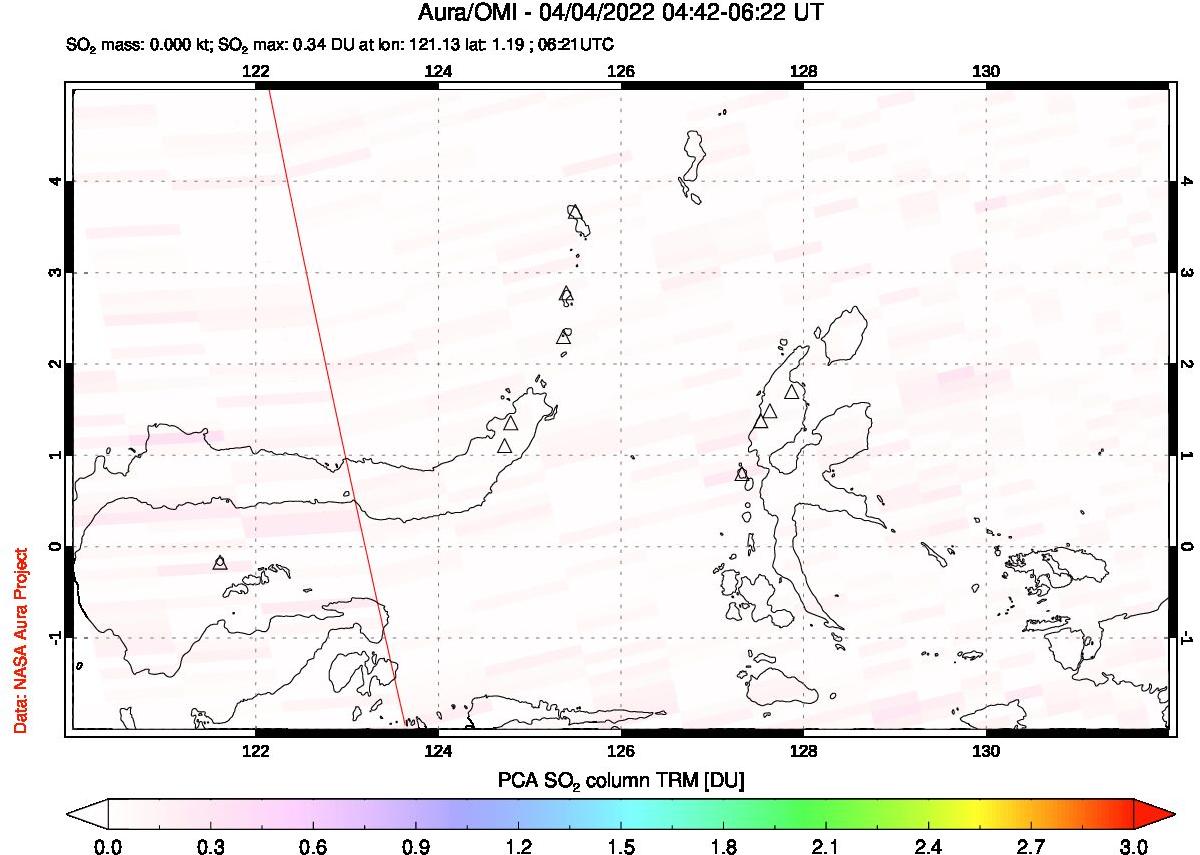 A sulfur dioxide image over Northern Sulawesi & Halmahera, Indonesia on Apr 04, 2022.