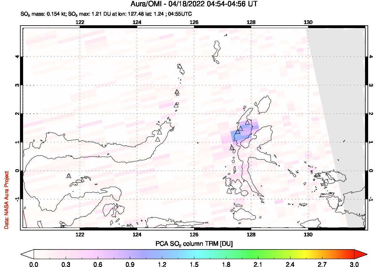 A sulfur dioxide image over Northern Sulawesi & Halmahera, Indonesia on Apr 18, 2022.