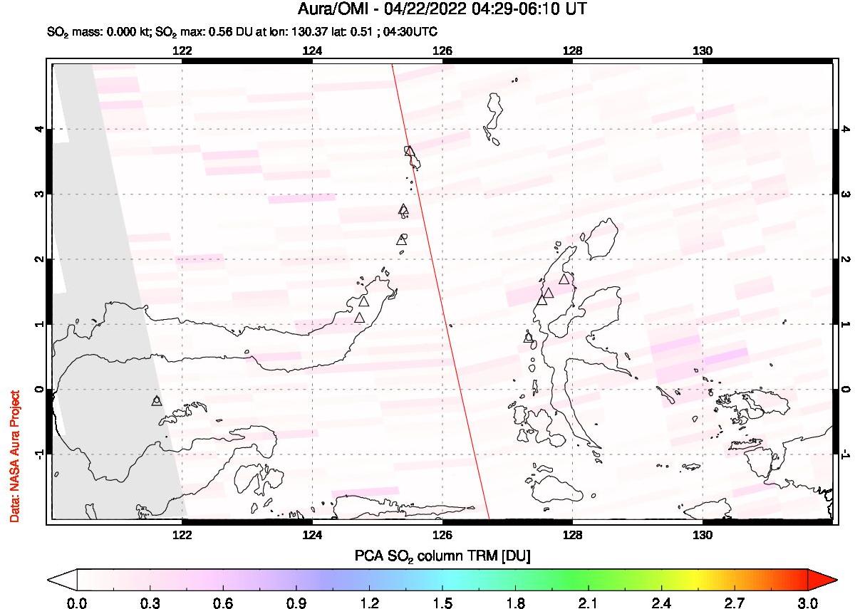 A sulfur dioxide image over Northern Sulawesi & Halmahera, Indonesia on Apr 22, 2022.