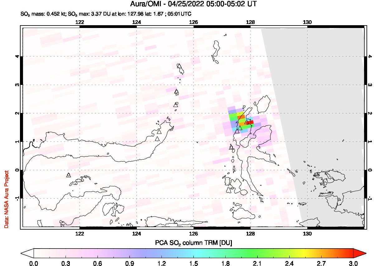 A sulfur dioxide image over Northern Sulawesi & Halmahera, Indonesia on Apr 25, 2022.
