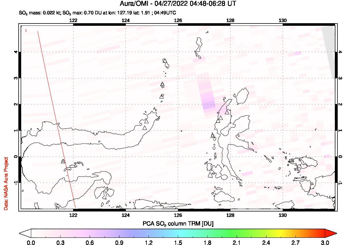 A sulfur dioxide image over Northern Sulawesi & Halmahera, Indonesia on Apr 27, 2022.