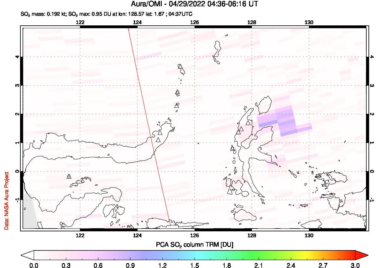 A sulfur dioxide image over Northern Sulawesi & Halmahera, Indonesia on Apr 29, 2022.