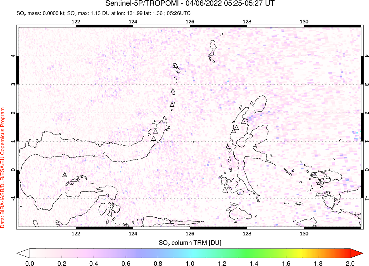 A sulfur dioxide image over Northern Sulawesi & Halmahera, Indonesia on Apr 06, 2022.