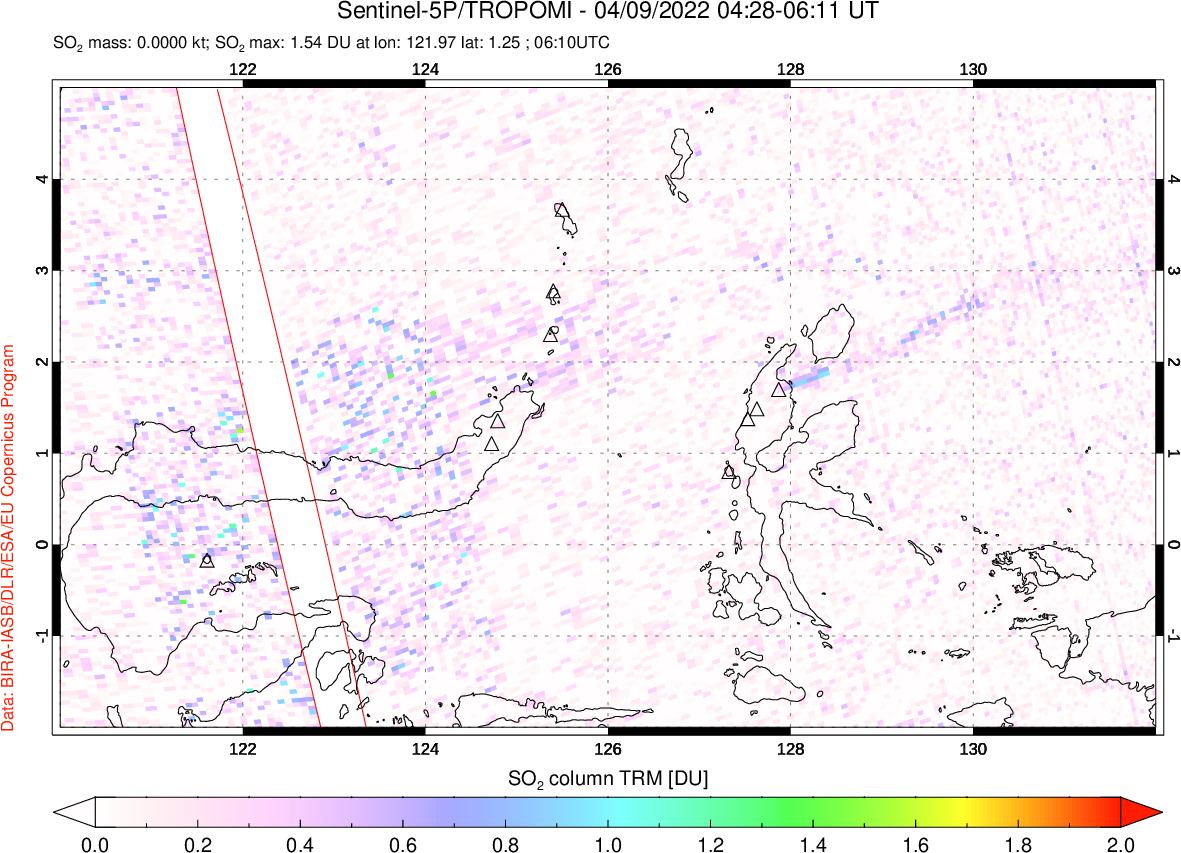 A sulfur dioxide image over Northern Sulawesi & Halmahera, Indonesia on Apr 09, 2022.