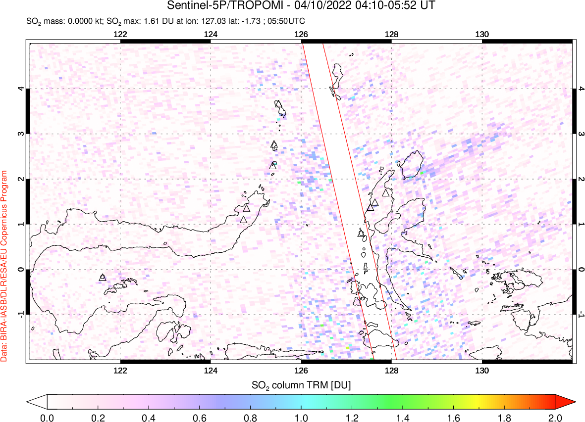 A sulfur dioxide image over Northern Sulawesi & Halmahera, Indonesia on Apr 10, 2022.