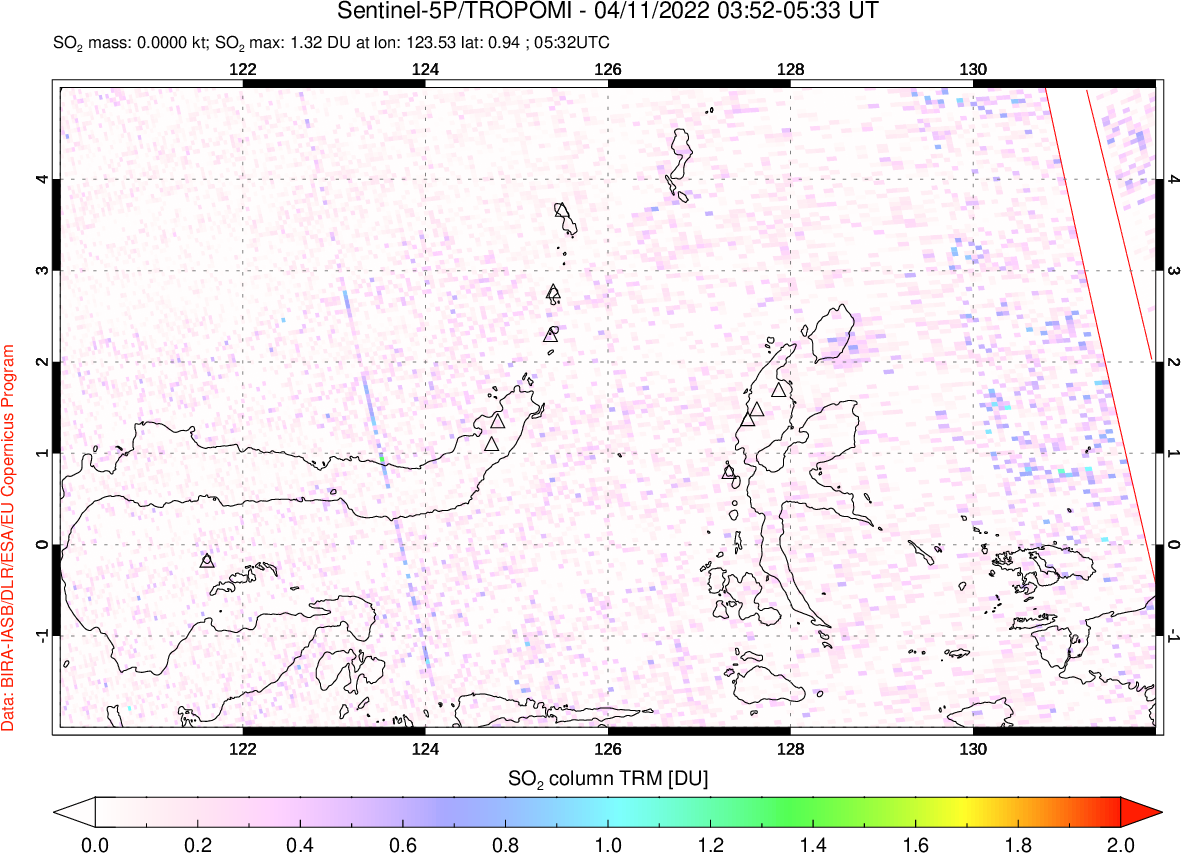 A sulfur dioxide image over Northern Sulawesi & Halmahera, Indonesia on Apr 11, 2022.