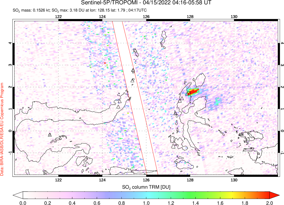 A sulfur dioxide image over Northern Sulawesi & Halmahera, Indonesia on Apr 15, 2022.