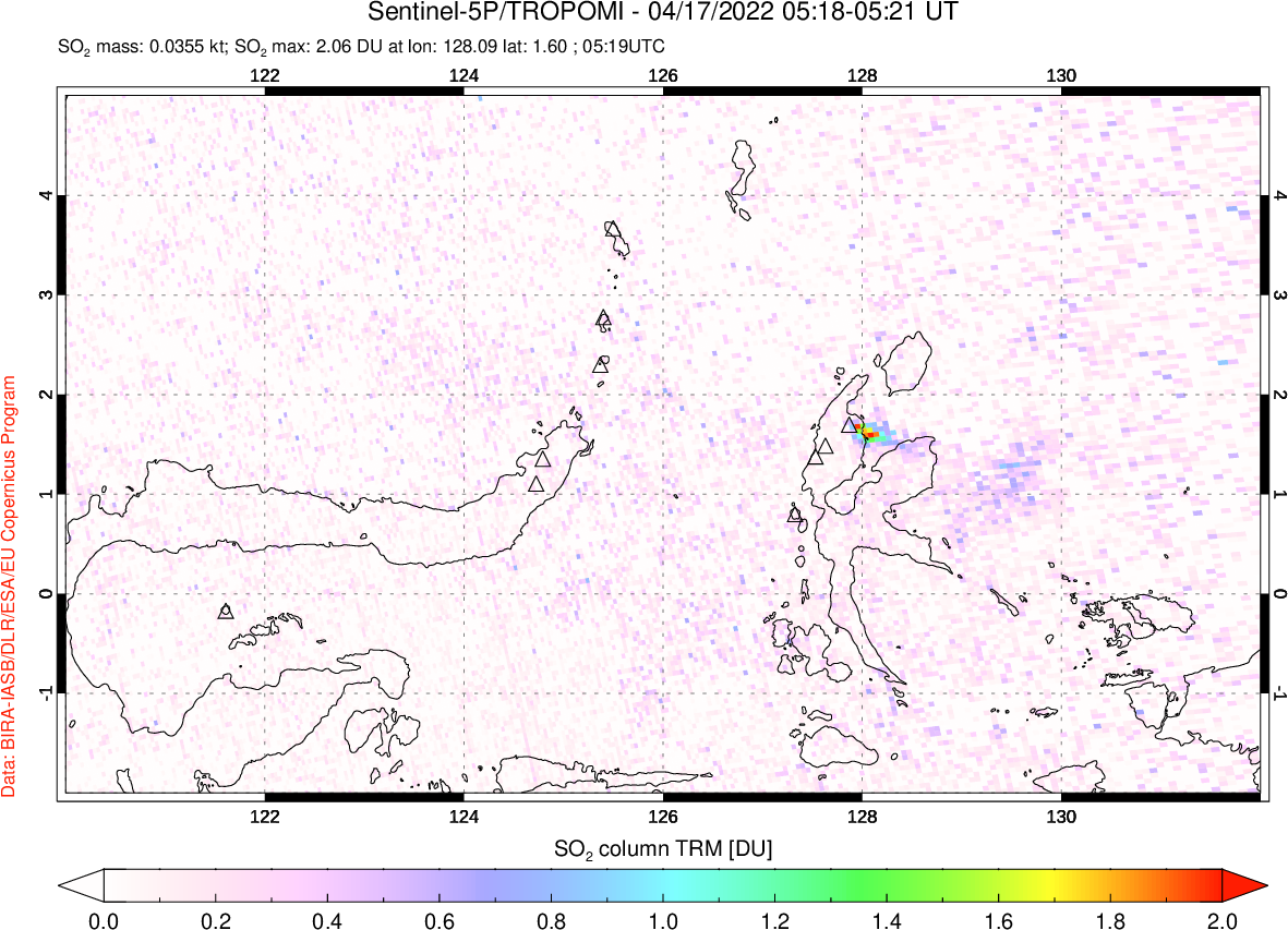 A sulfur dioxide image over Northern Sulawesi & Halmahera, Indonesia on Apr 17, 2022.