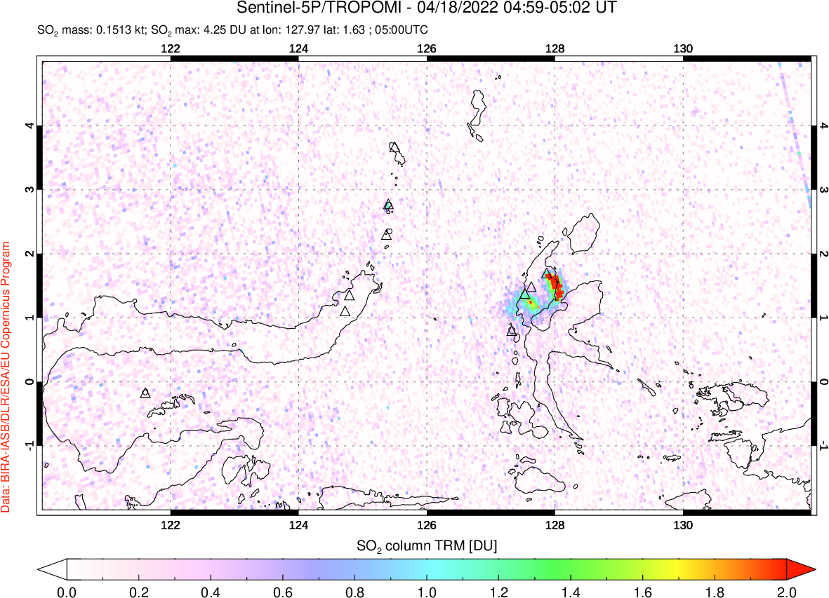 A sulfur dioxide image over Northern Sulawesi & Halmahera, Indonesia on Apr 18, 2022.