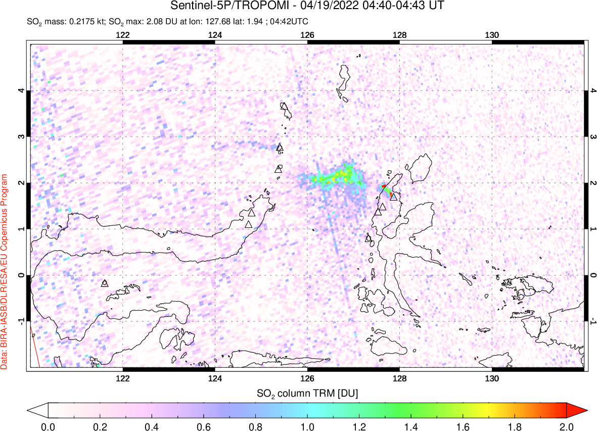 A sulfur dioxide image over Northern Sulawesi & Halmahera, Indonesia on Apr 19, 2022.