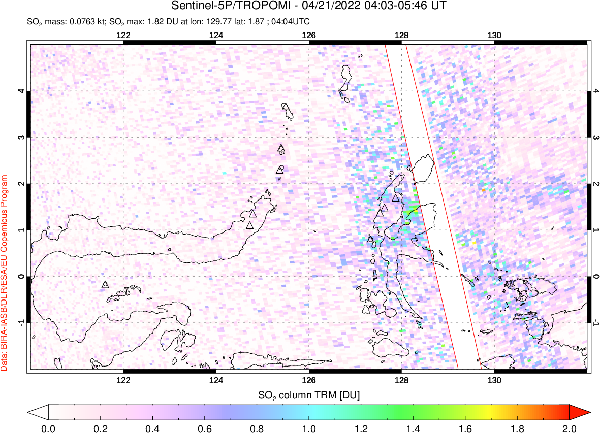 A sulfur dioxide image over Northern Sulawesi & Halmahera, Indonesia on Apr 21, 2022.