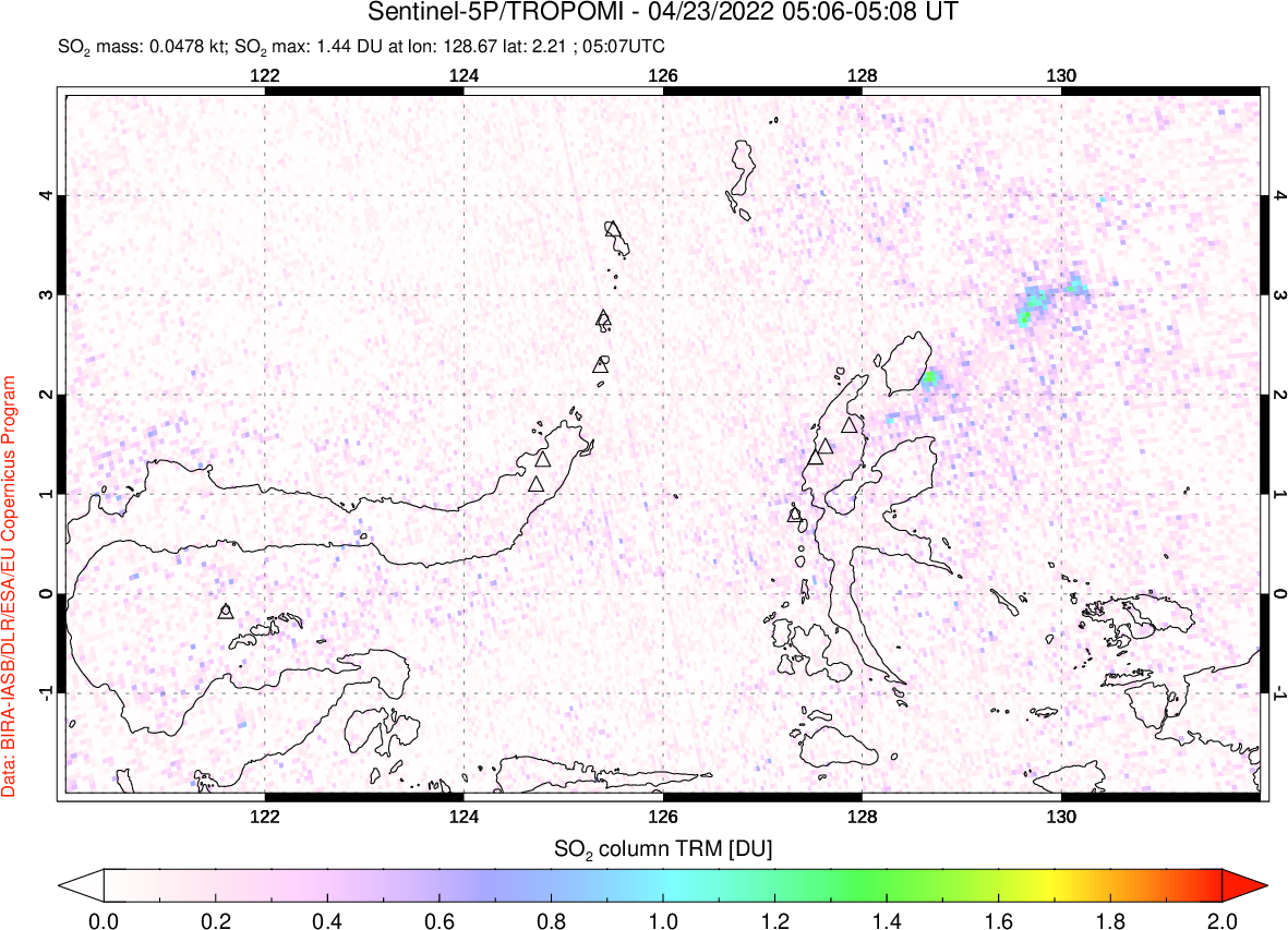 A sulfur dioxide image over Northern Sulawesi & Halmahera, Indonesia on Apr 23, 2022.