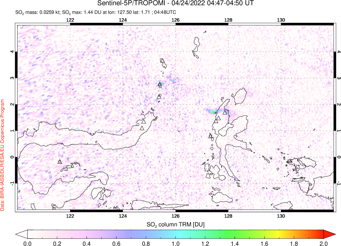 A sulfur dioxide image over Northern Sulawesi & Halmahera, Indonesia on Apr 24, 2022.