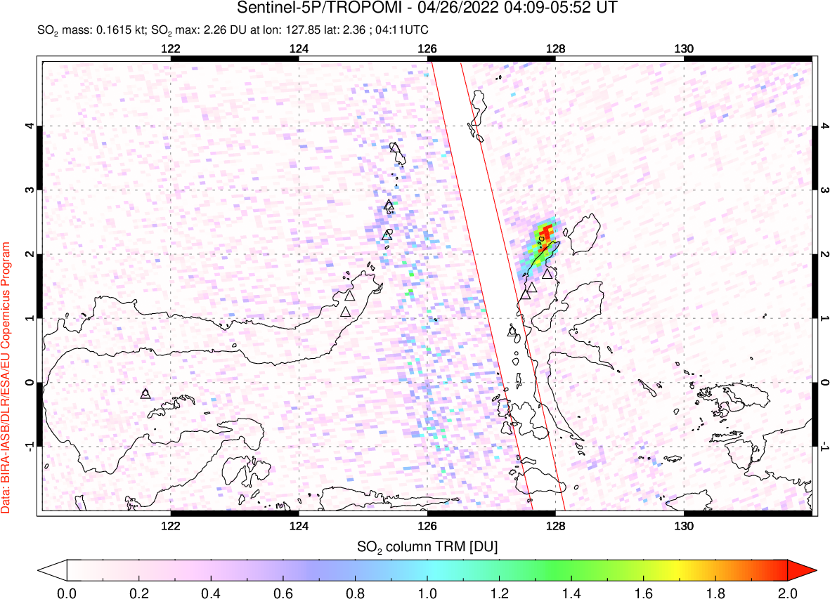 A sulfur dioxide image over Northern Sulawesi & Halmahera, Indonesia on Apr 26, 2022.