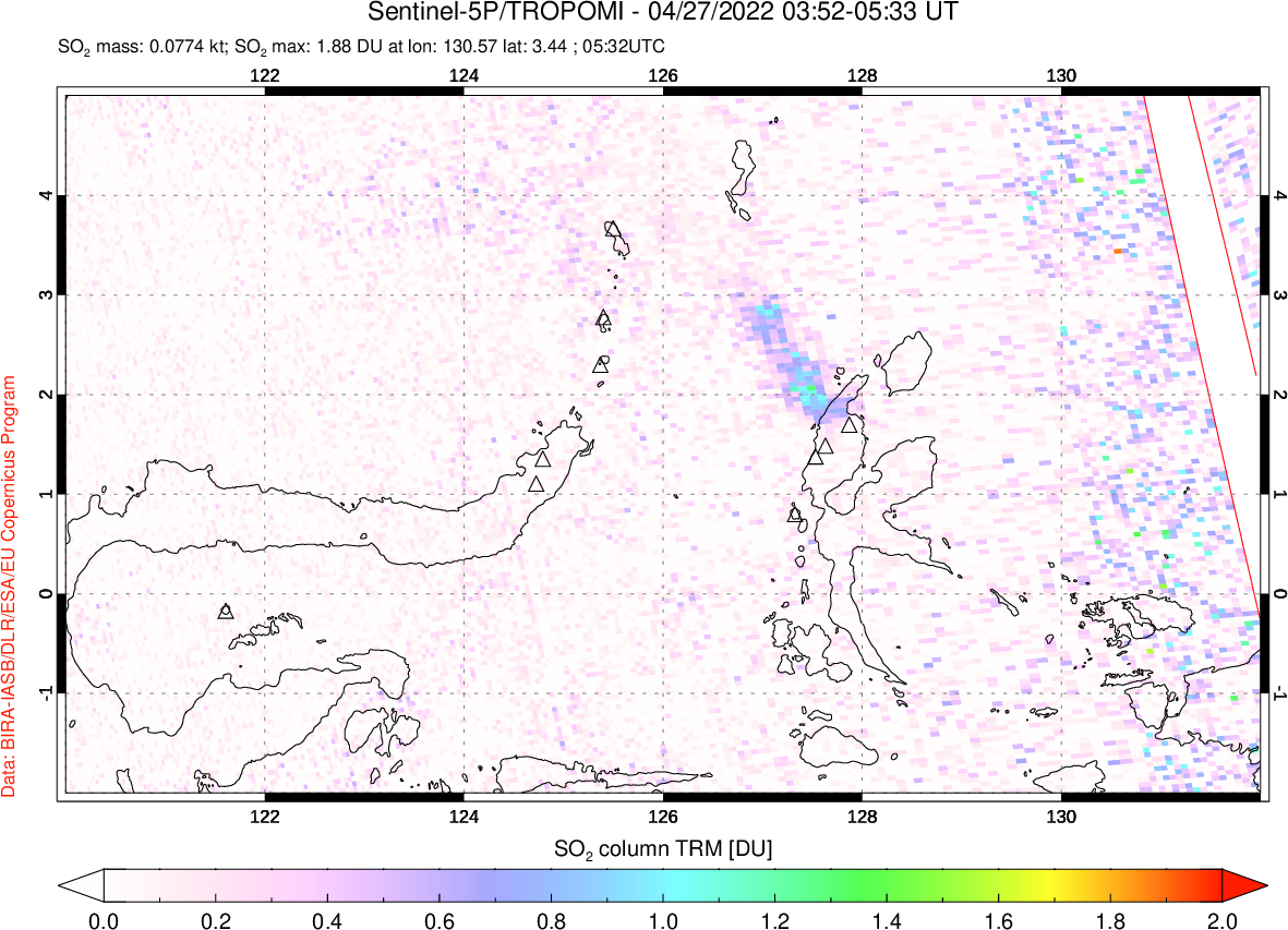 A sulfur dioxide image over Northern Sulawesi & Halmahera, Indonesia on Apr 27, 2022.
