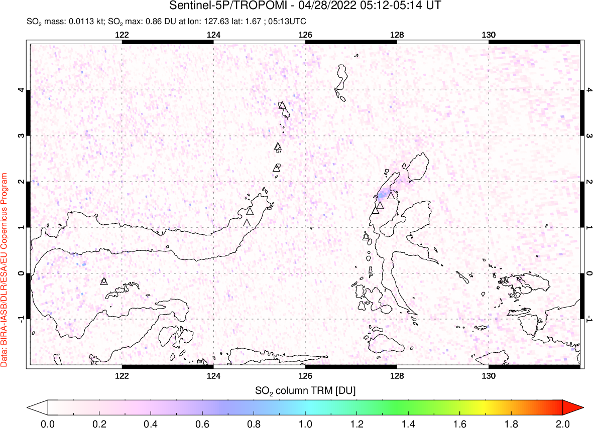 A sulfur dioxide image over Northern Sulawesi & Halmahera, Indonesia on Apr 28, 2022.