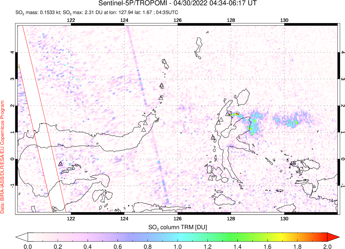 A sulfur dioxide image over Northern Sulawesi & Halmahera, Indonesia on Apr 30, 2022.