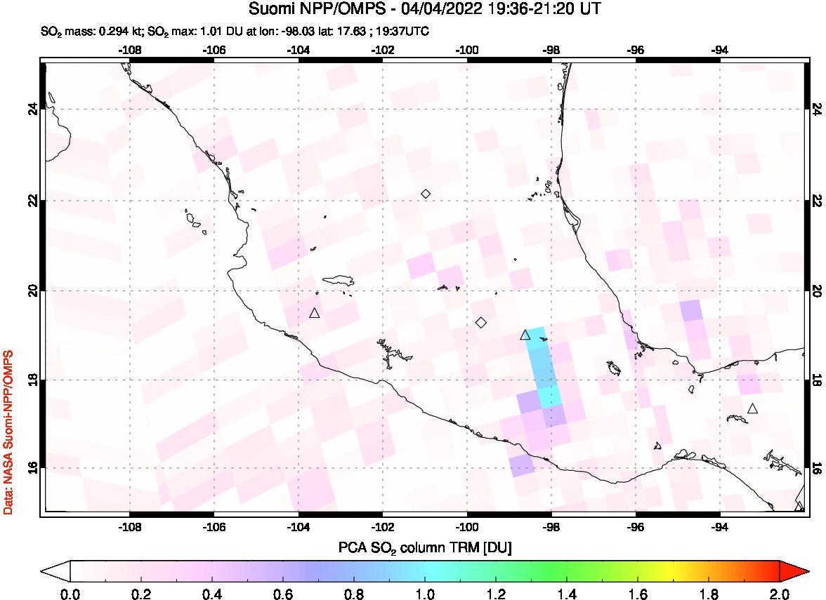 A sulfur dioxide image over Mexico on Apr 04, 2022.