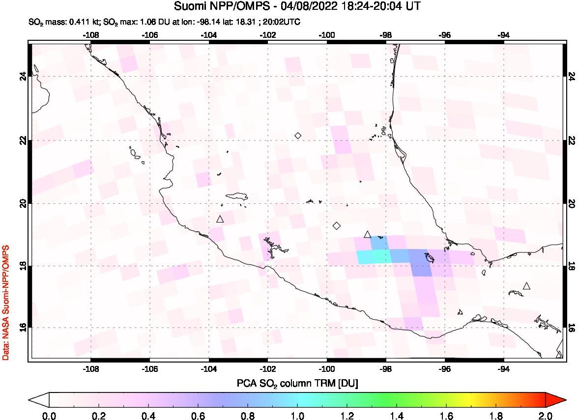A sulfur dioxide image over Mexico on Apr 08, 2022.