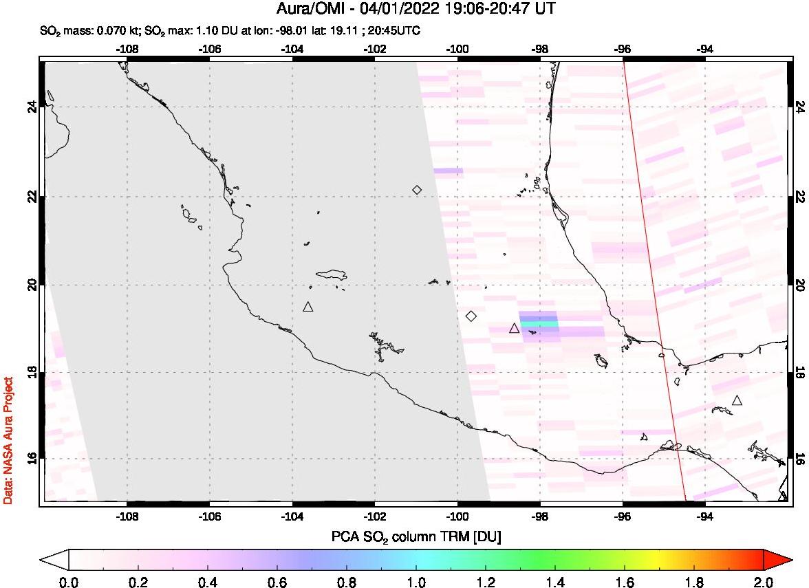 A sulfur dioxide image over Mexico on Apr 01, 2022.