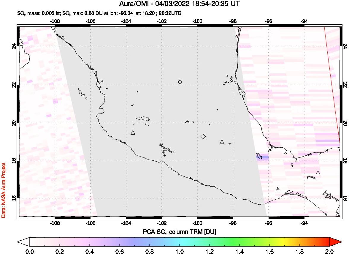 A sulfur dioxide image over Mexico on Apr 03, 2022.