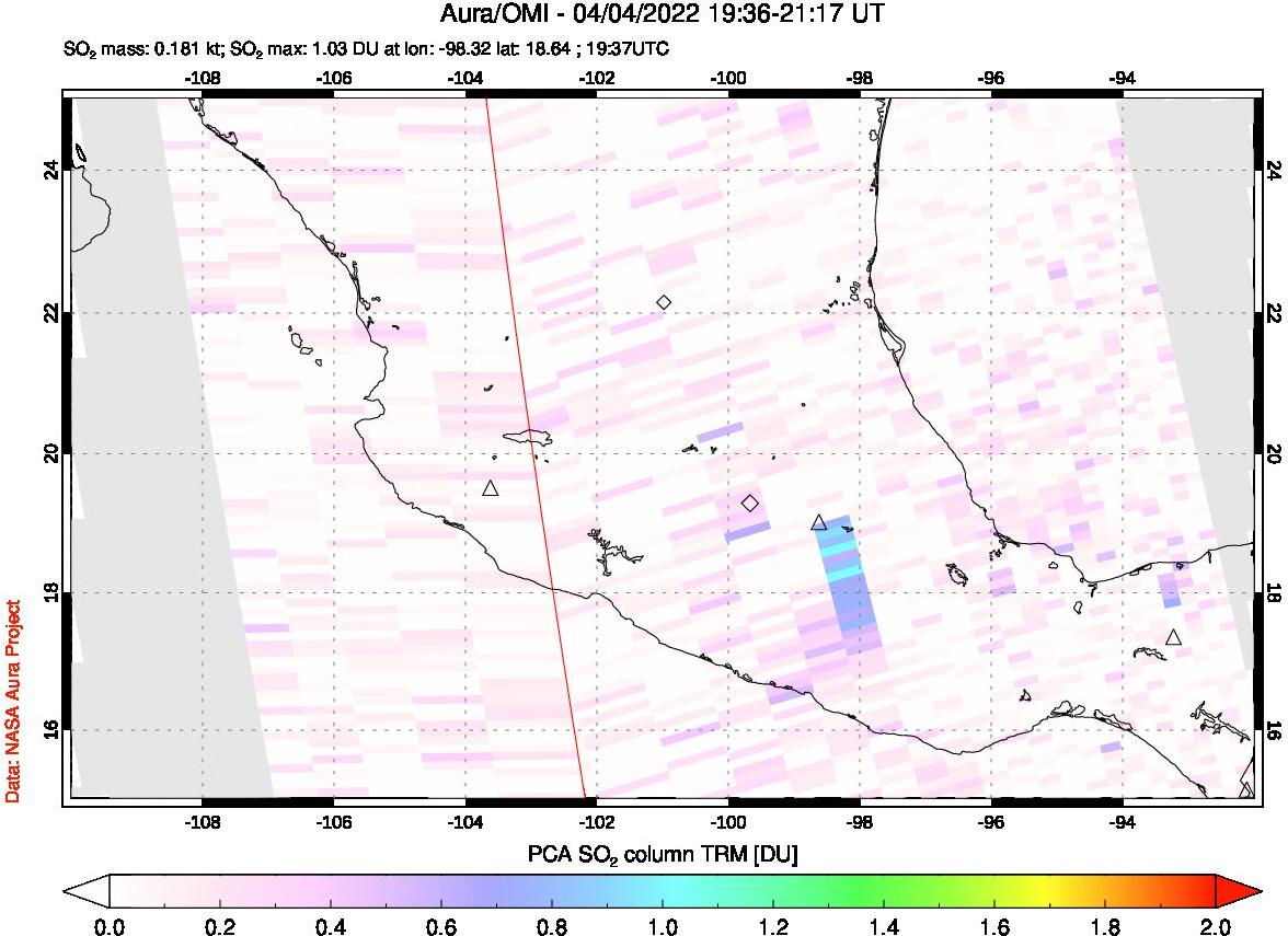A sulfur dioxide image over Mexico on Apr 04, 2022.