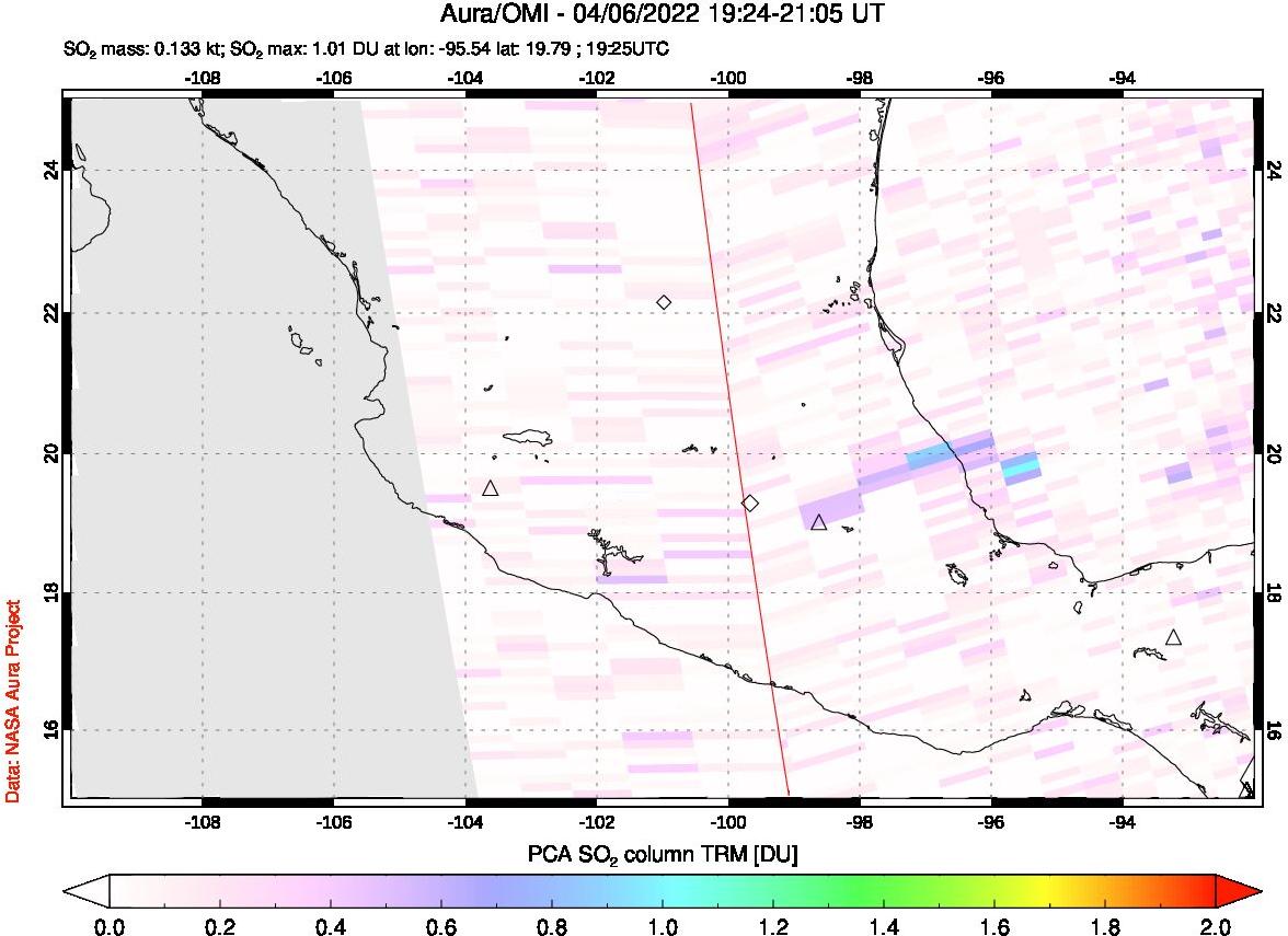 A sulfur dioxide image over Mexico on Apr 06, 2022.
