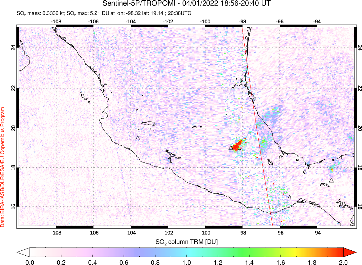 A sulfur dioxide image over Mexico on Apr 01, 2022.