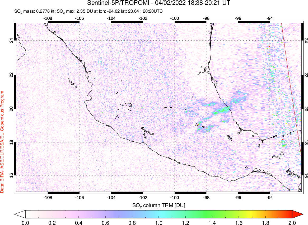 A sulfur dioxide image over Mexico on Apr 02, 2022.