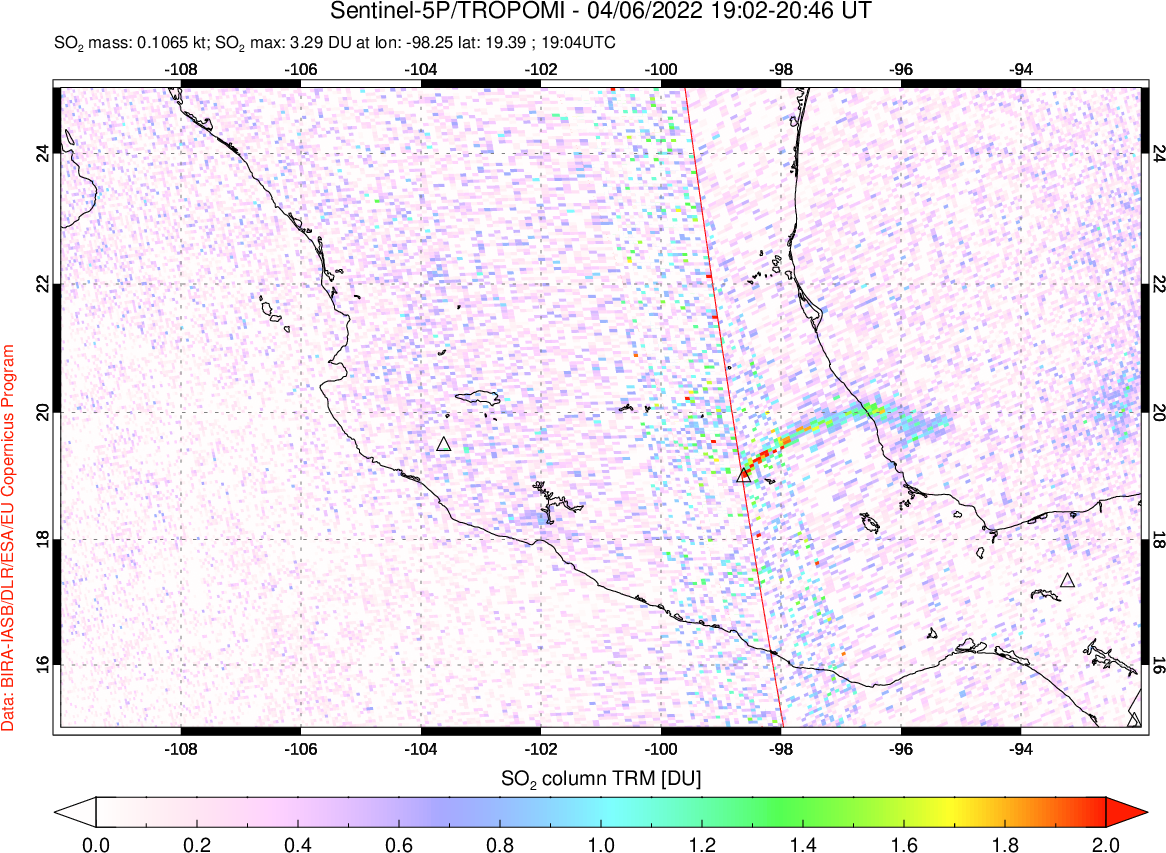 A sulfur dioxide image over Mexico on Apr 06, 2022.