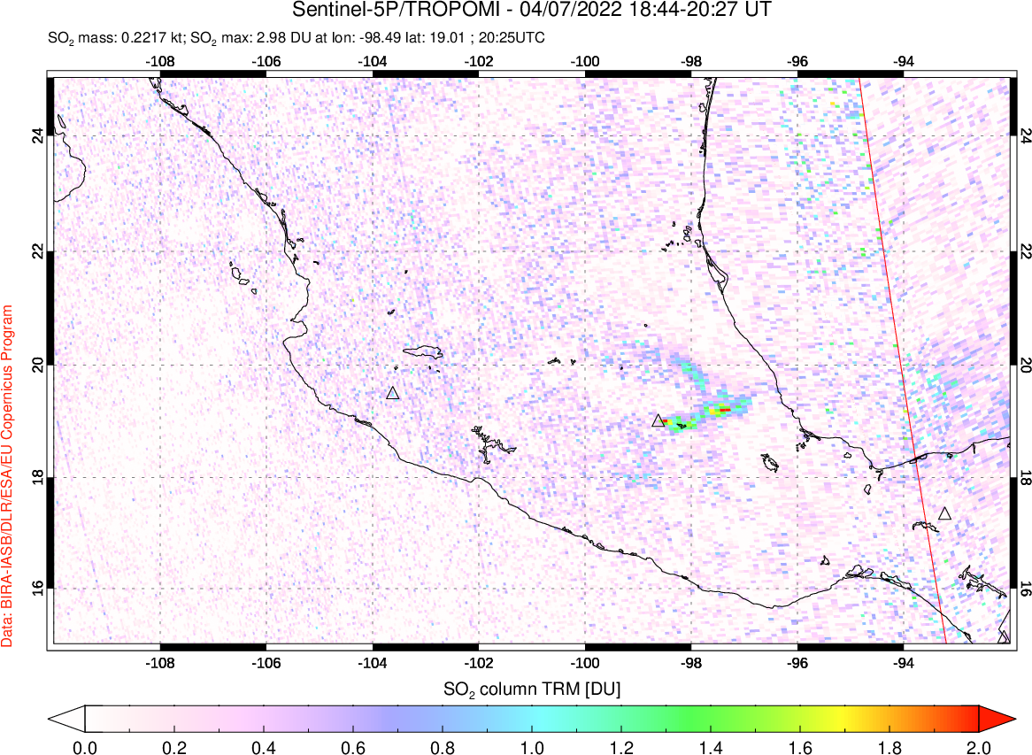 A sulfur dioxide image over Mexico on Apr 07, 2022.